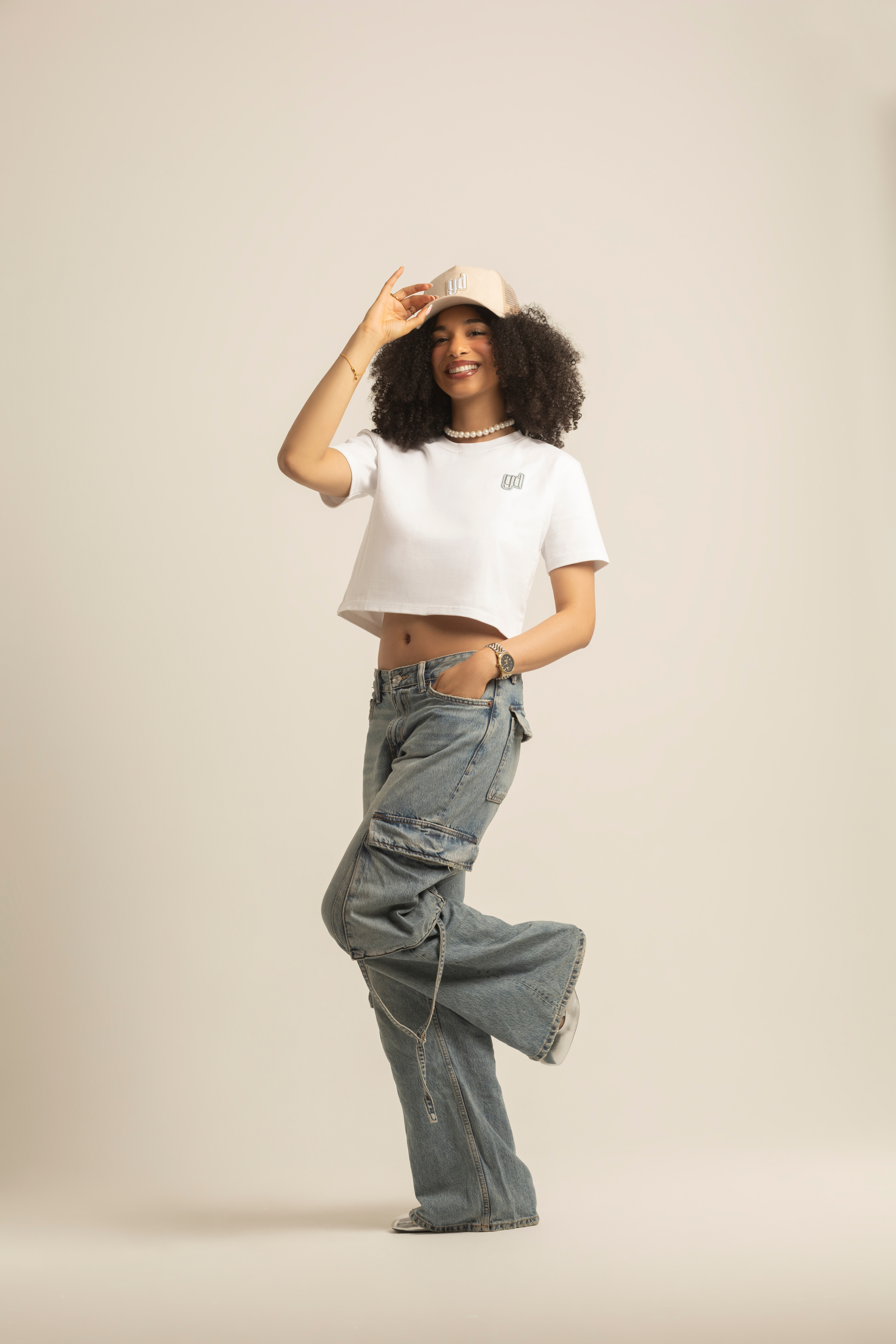 yD Oversized crop t-shirt with silver logo in white