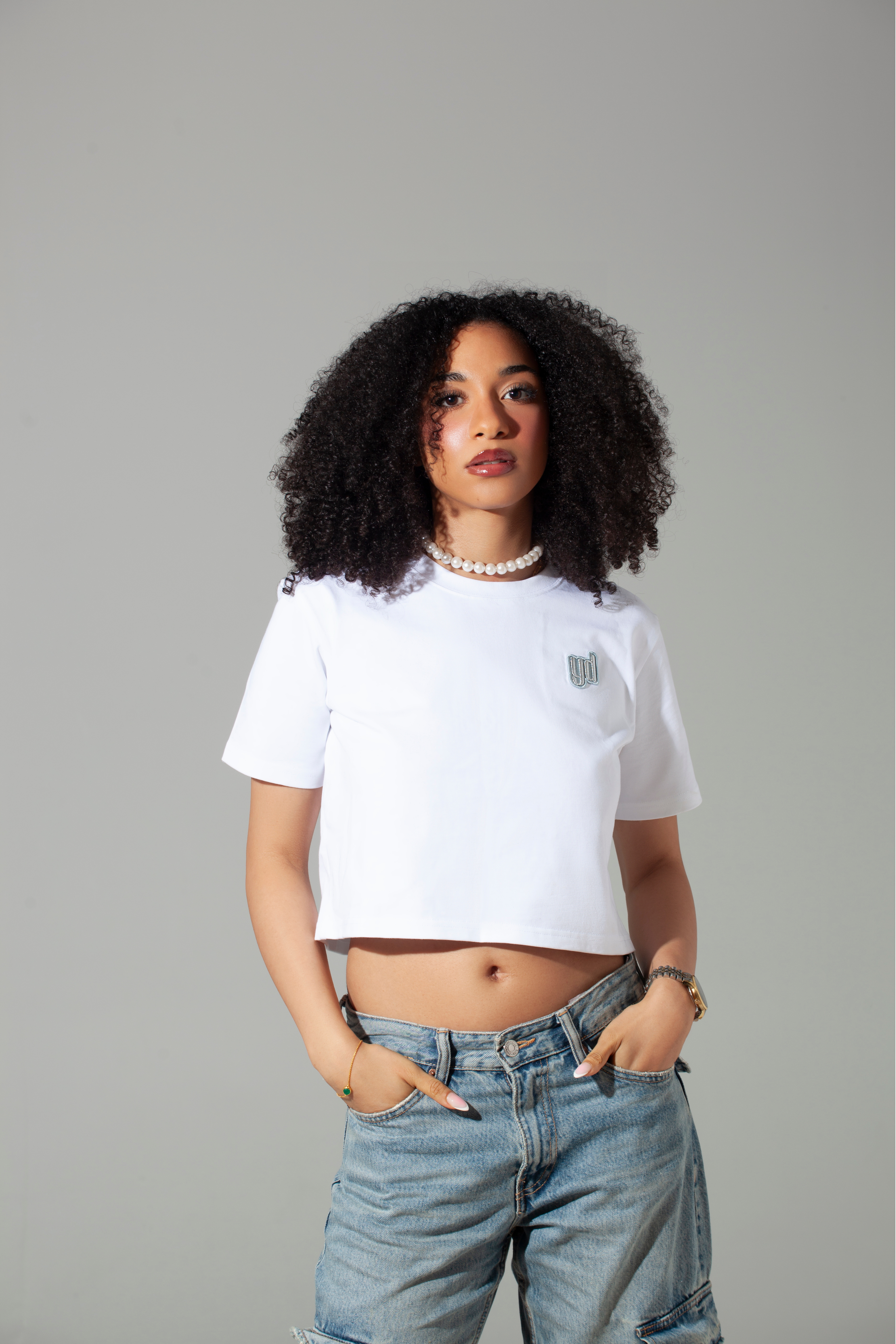 yD Oversized crop t-shirt with silver logo in white
