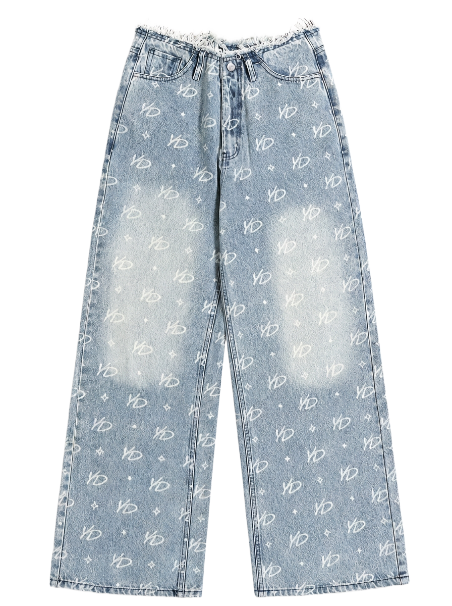 YD MONOGRAM FRAYED HEM WIDE LEG JEANS | LIGHT WASH