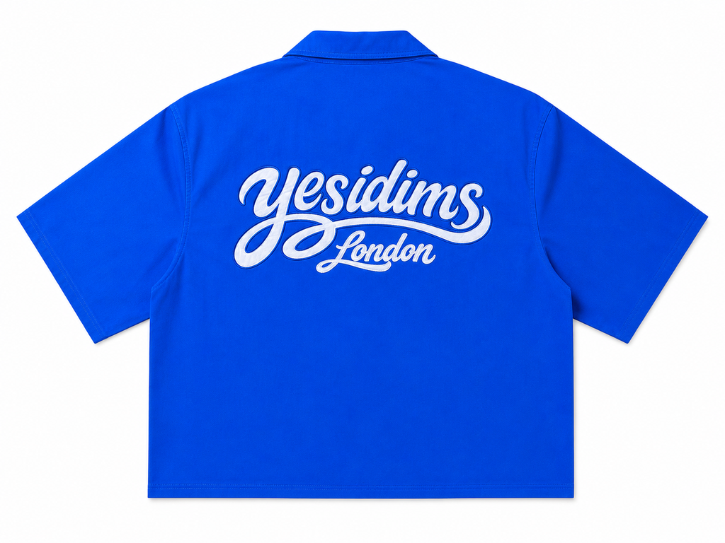YD short body shirt royal blue back script